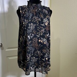 Floral Sleeveless High neck Black flowy top. By Midnight Sky. Size XL